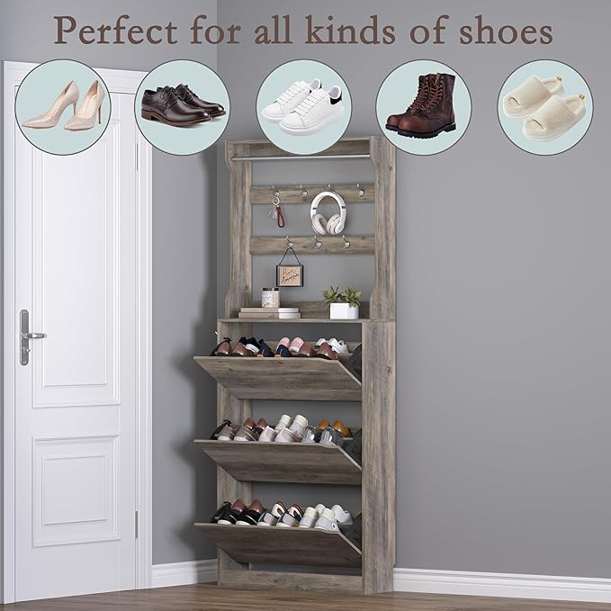 BORNOON Shoe Cabinet with 3 Flip Drawers & Coat Rack, Narrow Hidden Shoe Storage Cabinet, 2-in-1 Hall Tree Slim Freestanding Shoe Rack Organizer for Entryway, Hallway, and Living Room