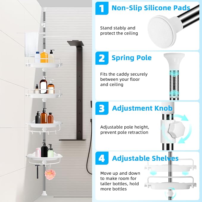 XLHOMO 32-122inch Corner Shower Caddy Tension Pole White, Rustproof Drill-Free Shower Shelves for Bathroom Bathtub Washbasin, Adjustable Shower Organizer with 4 Tier Patent Stable Shelves & Towel Bars