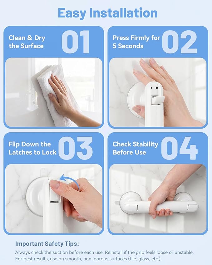 JOTPE Grab Bars for Shower, No Drilling & Removable Suction Cup Grab Bars, Heavy Duty Shower Handle for Seniors Elderly Handicap, Safety Bath Handrail for Balance Assistance, 2 Pack, White, 11 Inch