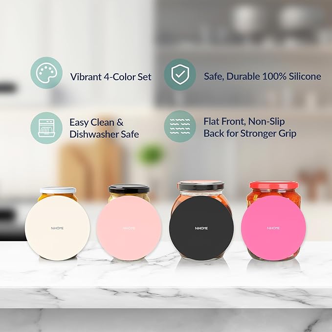 NIHOME Silicone Jar Opener – 6 Inch Large Anti-Slip Grip Pads, Premium 100% Food-Grade Silicone, Stylish Designer Colors, Multi-Purpose Heat-Resistant Mat & Coaster, Set of 4 (pink series)