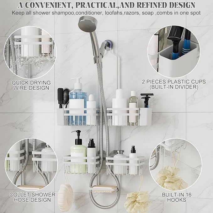 Shower Caddy Hanging for Bathroom Organizers and Storage - 3-Tier Adjustable Anti-Swing Shower Organizer Hanging with Heavy-Duty Suction Cups, Damage-Free Rustproof (White)