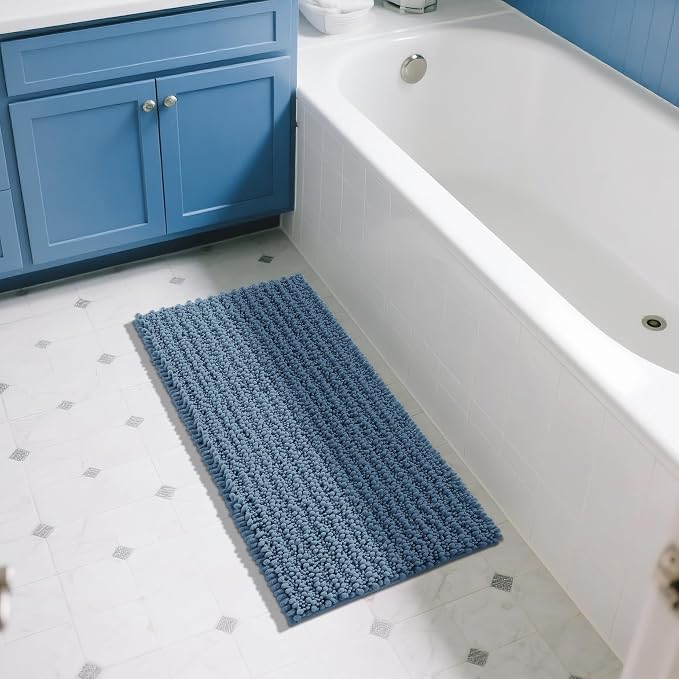 Yimobra Long Bathroom Rugs Non Slip Washable 44x24 Inch - Ultra Soft Absorbent Bath Mat, Quick Dry Shaggy Floor Carpet for Tub Shower, Denim Blue Home Decor Accessories