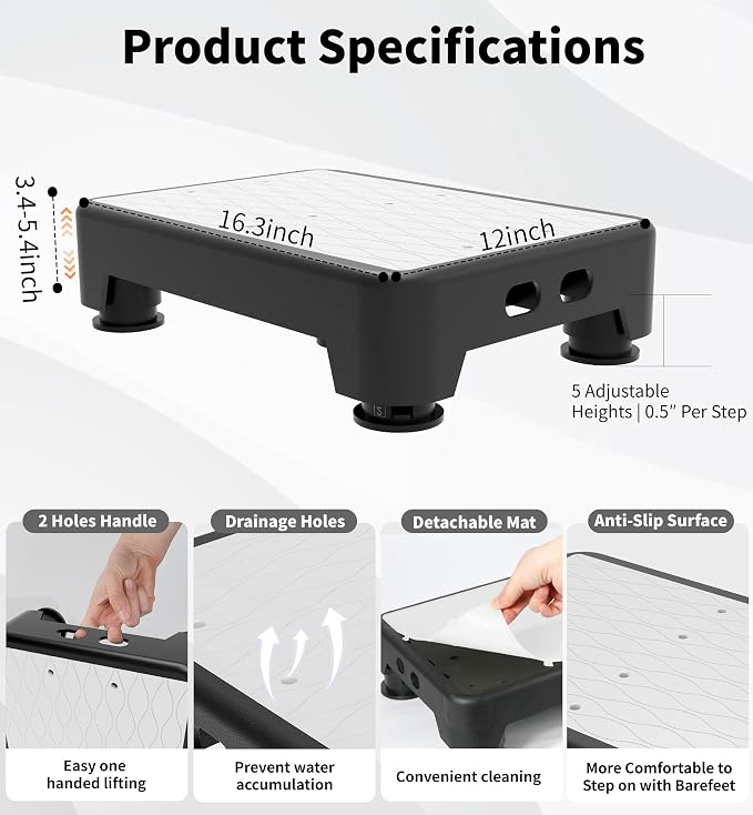 5-Level Adjustable Step Stool, 700 LBS Capacity Safety Bed Step for Seniors, Exercise Setp Platform, Portable Stair Assist for Elderly, Wide Step up for Kitchen, Car, Bedside & Shower, White