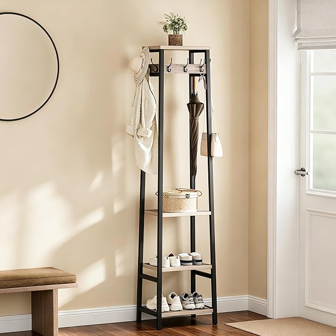 Coat Rack Freestanding, Coat Stand with 3 Shelves and 7 Hooks, Hall Tree Free Standing, Clothes Rack Stand Organizer, Industrial Style, Greige and Black