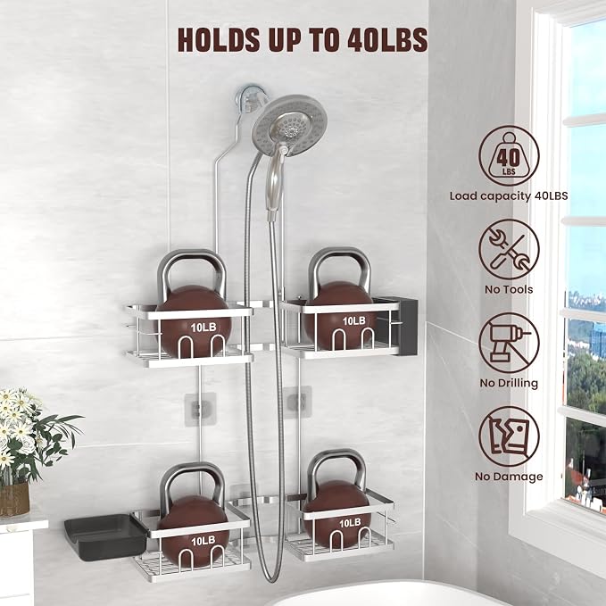 REINHARDT Adjustable Shower Caddy Hanging Rustproof Shower Caddy for Handheld Showerheads, Shower Organizer with Hooks Soap Holder, Anti-Swing Shower Rack Bathroom Accessories, Silver