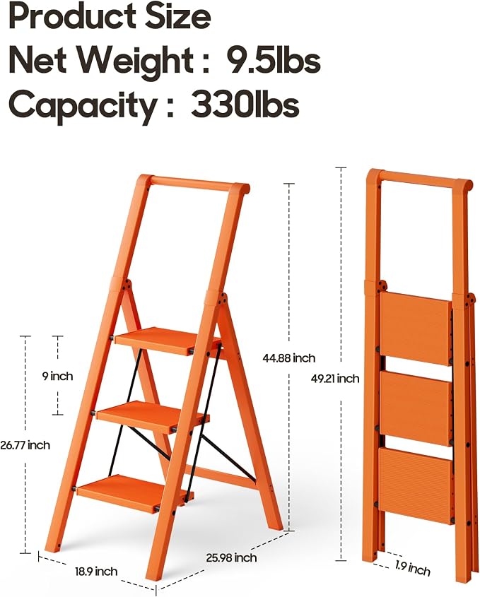 HillhutApex 3 Step Foldable Aluminum Step Ladder with Handgrip, Anti-Slip Pedal, 330 lbs Capacity, Lightweight & Portable for Home, Kitchen, Office, Garage (Orange)
