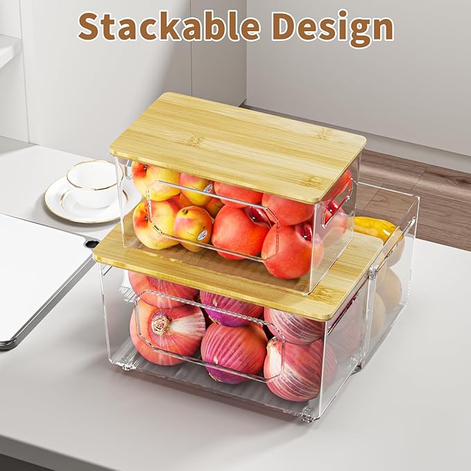 Trash Bag Holder 3-in-1 Under Sink Organizer, Acrylic Trash Bag Dispenser with Bamboo Lid and Pull-Out Basket for Cleaning Supplies, Space Saving Garbage Bag Holder for Kitchen Laundry Room Storage