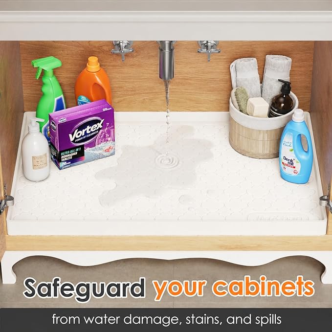 Jin&Bao Waterproof Under Sink Mat 34" x 22", Thick Silicone Mat Cabinet Protector for Kitchen and Bathroom, Shelf Liner, Home Organizer and Storage, Multipurpose Tray for Gadgets and Essentials