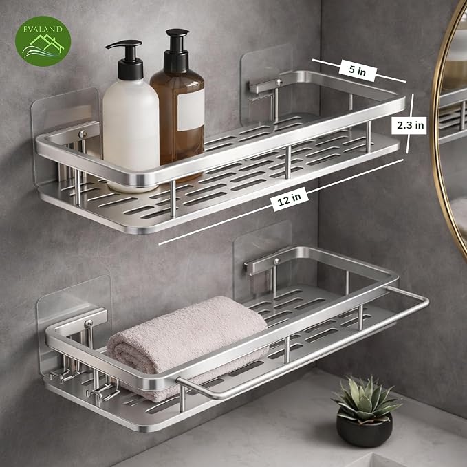 EVALAND Shower Caddy Adhesive 2-Pack with Hooks and Rod for Towels, Silver – Premium Bathroom Shower Shelves, Shampoo Organizer, Bathtub Shelf, Rustproof, Easy Installation, Sturdy Modern Look