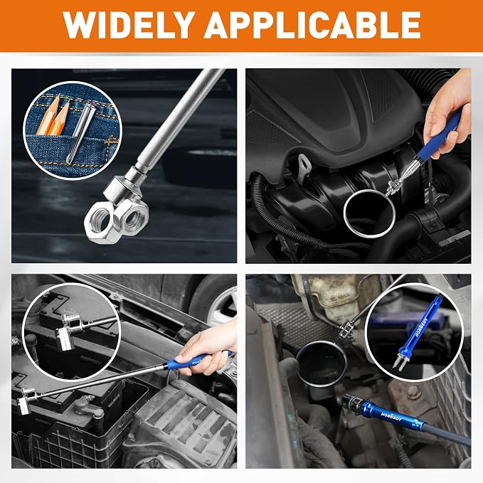 HORUSDY 4PCS Telescoping Magnetic Pick Up Tool Kit, Magnetic Sweepers Set with 360° Inspection Mirror, 2 Telescoping Magnetic Pickup Tools (5–25.6/6.9–29.5 in) & 24 in Flexible Claw Grabber