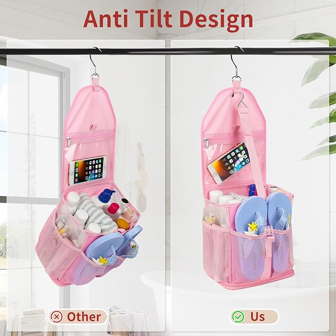 Ethereal Pink Hanging Mesh Shower Caddy Portable for College Dorm Room Essentials, Large Capacity Shower Bag for Guys/Girls, for Beach, Swimming, Gym