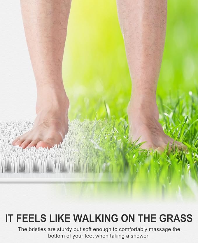 OTHWAY Non Slip Grassy Bathtub Mat : 27.5X15.7 inches Sturdy But Soft Bath Mat_Quick Drain Shower Floor Mat with Soft Bristles for Scrubbing Feet (White)