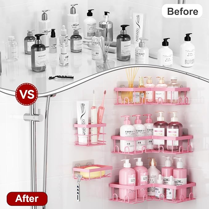 Liuoud Corner Shower Caddy 5 Pack, Rustproof Stainless Steel Shower Organizer with Soap Rack Toothbrush Holder, Large Capacity Adhesive No Drilling Bathroom Kitchen&Home Decor Set, Pink