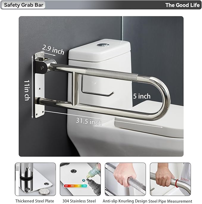 30 Inch Toilet Grab Bar, Fold Down Grab Bar with Paper Holder, Knurled Anti-Slip Grab Bars for Toilet, Stainless Steel Handrails Toilet for Seniors Disabled Elderly Pregnant, Brushed Nickel