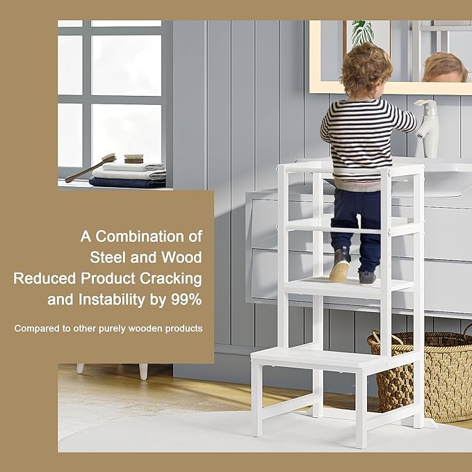 INNOD Kitchen Step Stool for Toddlers, Height Adjustable Toddler Tower with Safety Rail, Steel and Wood Toddler Kitchen Stool Helper Kids, Stool for Kids, Learning Tower, Kids' Desk White