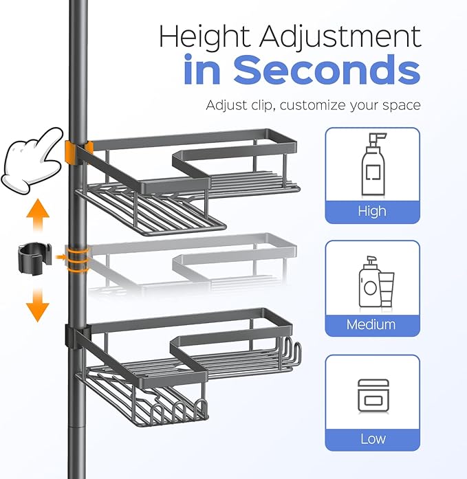 HAMITOR Shower Caddy Tension Pole: 4-Tier Corner Bathroom Organizer Shelf with Soap Holder & Hooks - No-Drill Adjustable Standing Storage Rack for Apartment Renters - 47-123 Inch Black