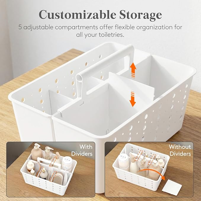 Lifewit Shower Caddy Portable, Caddy Organizer with Handle and Adjustable Dividers, Plastic Shower Basket for Dorm Room Essentials, College, Bathroom, White, 2 Packs