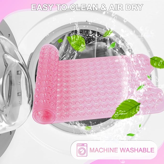 Bathtub and Shower Mats, 40x16 Inch Extra Large Non Slip Soft Bath Tub Mat with Suction Cups and Drain Holes for Bathroom Floor and Keep Tubs Clean, Machine Washable, Clear Pink