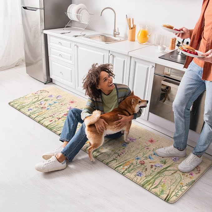 KIMODE Anti Fatigue Kitchen Mat, Cushioned Farmhouse Kitchen Runner, Non Slip Waterproof Kitchen Mat for Floor, Memory Foam Standing Desk Mat for Laundry, Office, Sink Brown 17.3"x59"