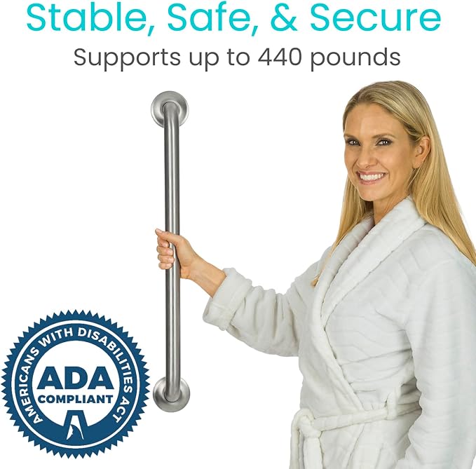 Vive Grab Bar for Showers - Bathroom Antislip Handrail for Seniors, Elderly Assistance Product, Heavy Duty Shower Handles, Handicap Grab Bars, Stainless Steel, Multipurpose, 440 lbs (Brushed Nickel)