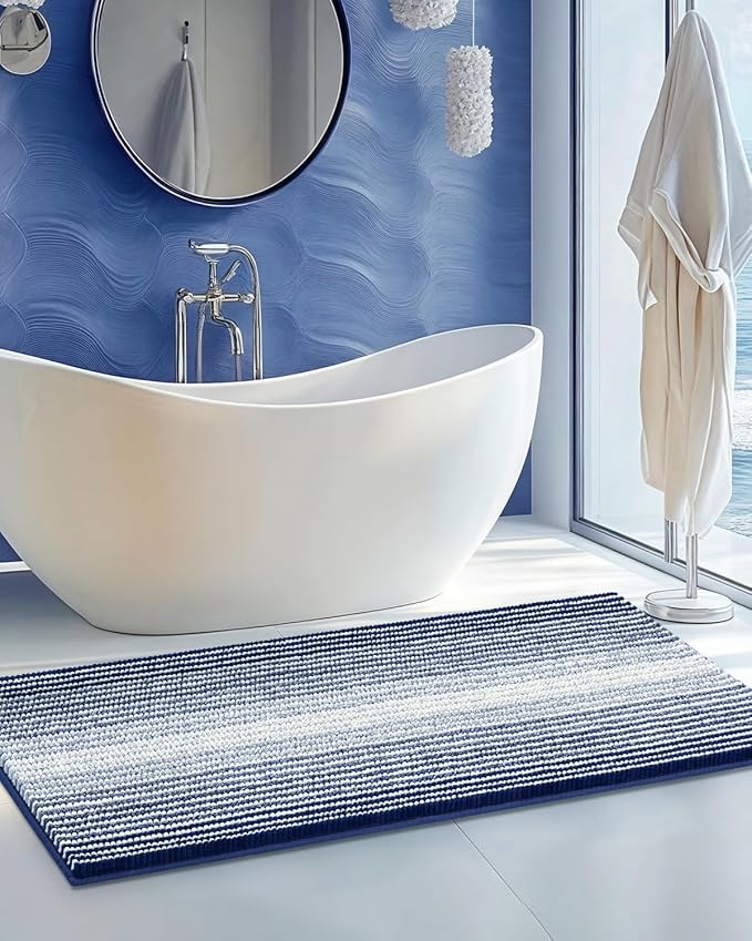 BSICPRO Chenille Bathroom Rugs, 21 x 60 Inches Non Slip Absorbent Bath Mat, Soft Shaggy Shower Bath Floor Mats for Bathroom, Machine Washable(Navy)