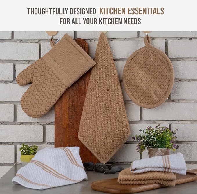 LANE LINEN 16 Piece Kitchen Dish Cloths Set - 100% Cotton Dish Towels, Heat Resistant Kitchen Mittens and Pot Holder Set, Reusable Dish Rags for Washing Dishes, Dish Towels for Kitchen Drying - Beige