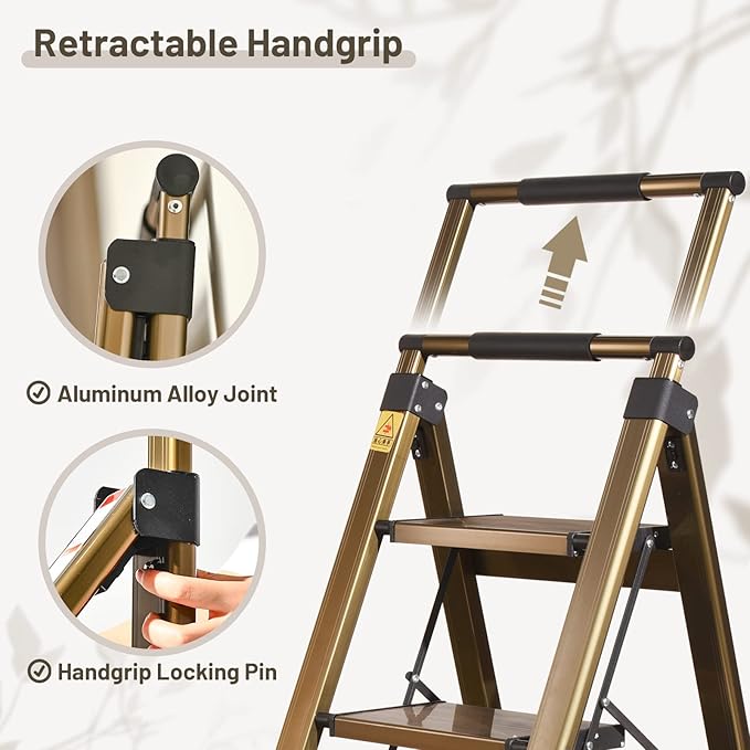 XinSunho 5 Step Ladder, Aluminum 5 Step Stool with Retractable Handrail and Anti-Slip Wide Pedal, Folding Stool Ladders 5 Steps, 330lbs Safety Household Slim Ladder