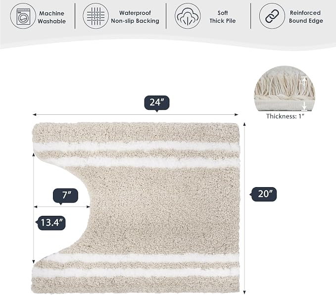 PURRUGS Bathroom Rug Non-Slip Machine Washable 20" x 24" U-Shaped, Super Absorbent and Quick Dry Shaggy Microfiber Bath Mat, Extra Soft and Plush Contour Rug for Toilet Base, Beige