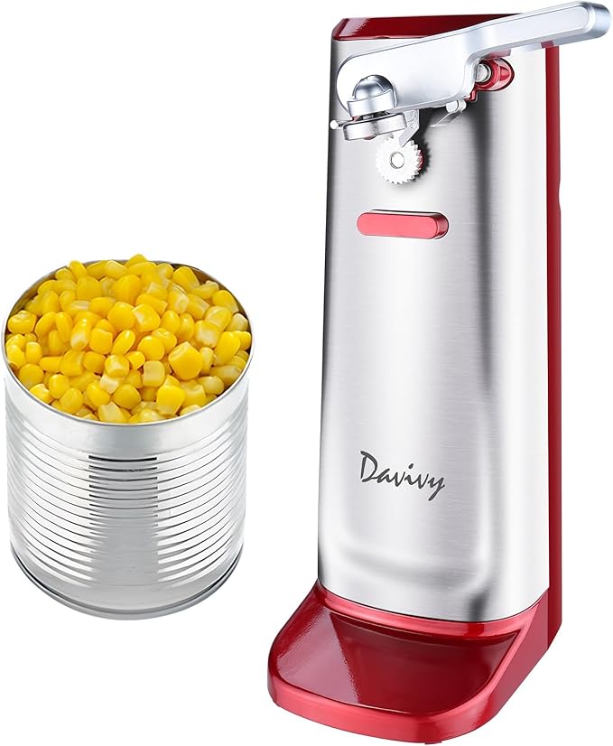 Davivy Electric Can Opener, Removable Stainless Steel Cutter and 3-in-1 Design with Sharpener and Bottle Opener (Red-Stainless Steel)