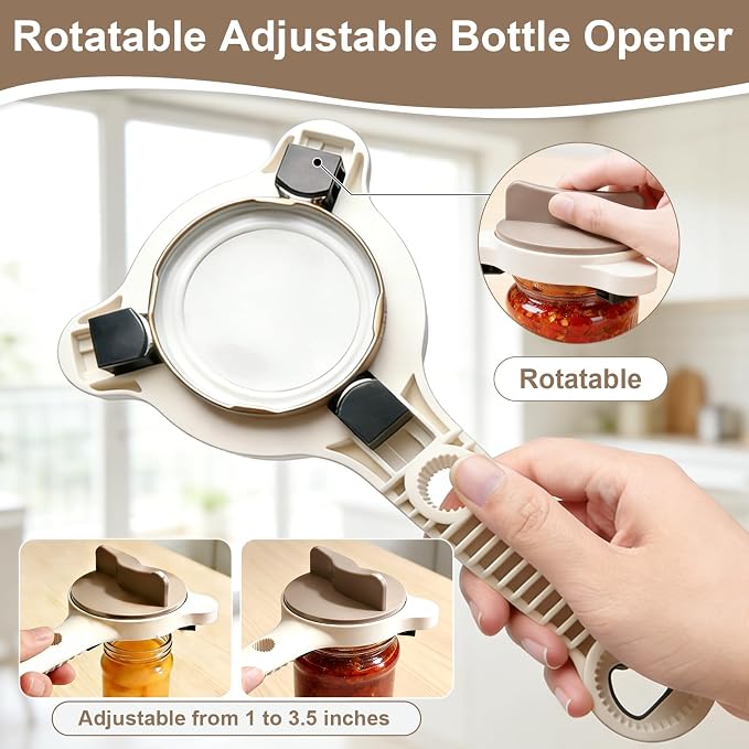 Multi-Functional 4-in-1 Jar Opener, Adjustable Stainless Steel Bottle Opener for Multi Size Jar Bottles with Ergonomic Non-Slip Handle Grip, Kitchen Helper for Seniors Weak Hands Arthritis
