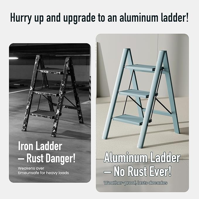 Mayi Plus 3 Step Ladder,Aluminum Folding Step Stool for Adults,Step Ladder with Wide Anti-Slip Pedal,330 lbs Capacity for Home,Office,Kitchen,Library(Blue)