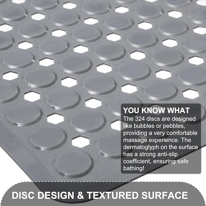 TEESHLY Bath Mat for Tub & Shower, Non Slip Soft Bathmat with Suction Cups & Drain Holes, Machine Washable Bathtub Floor Liner Mats for Bathroom, 35x16 Inch, Gray