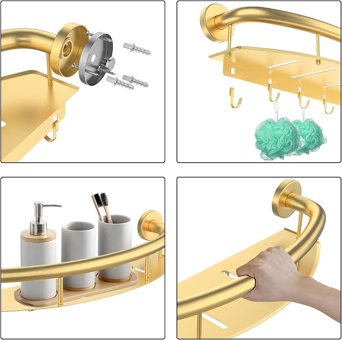 Gold 18-inch Safety Grab Bar with Storage Shelf for Bathtub or Shower, Drainage Holes, Stainless Steel, Wall Mounted Grab Bars for Elderly Injured Balance Support