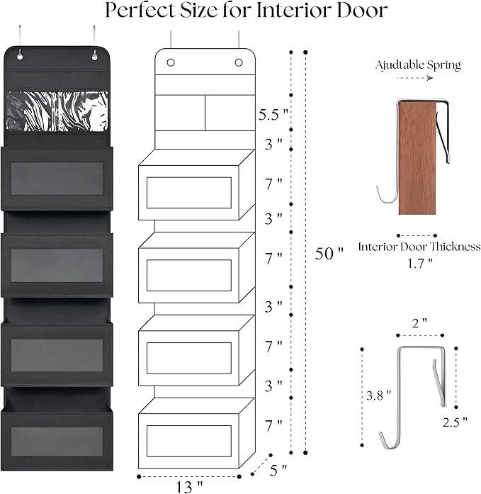 Giraffe Creation Black Over Door Organizer with 4 Large Clear Pockets, Hanging Door Storage for Closet, Bathroom, Bedroom, Dorm, Nursery, Toys, Toiletries, Cosmetics