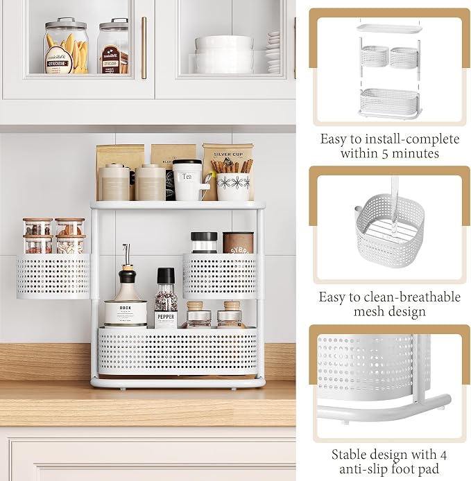 3-Tier Rotating Bathroom Counter Organizer, Vanity Tray for Makeup & Skincare, Countertop Spice Rack Storage, Space-Saving Shelf for Bathroom, Kitchen, Laundry Room, Baby Bottle Station, White