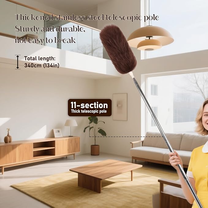 Extendable Lambswool Duster Stainless Steel Handle 133" Removable Feather Duster for Cleaning Ceiling Fans Interior Roof Furniture, Brown