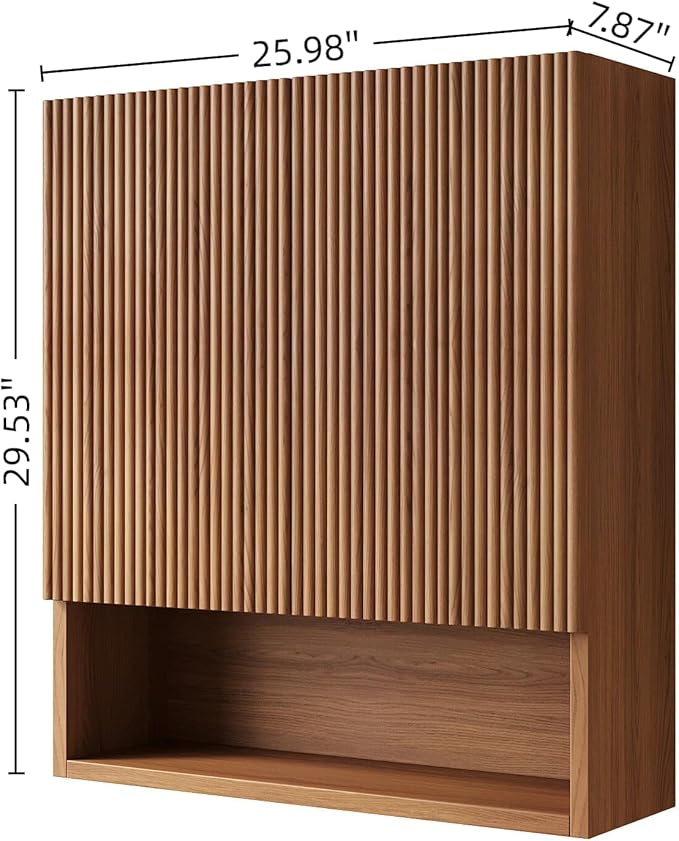 USHOWER Brown Oak Bathroom Wall Cabinet, Thickened MDF Medicine Cabinet with 2 Fluted Doors & Open Shelf, Over the Toilet Storage Cabinet for Laundry Room, Living Room, Kitchen, Wall Mounted