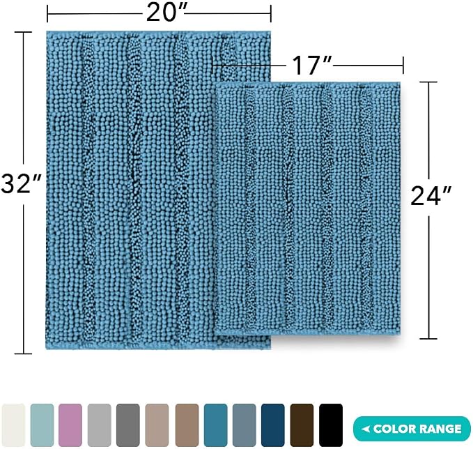 Turquoize Chenille Bath Rugs Shaggy Bathroom Rugs Non Slip Bath Rugs for Bathroom 20 x 32 and 17 x 24 Turquise Bath Rug Extra Soft and Absorbent Area Rug, (20" x 32" and 17" x 24"), Turquise