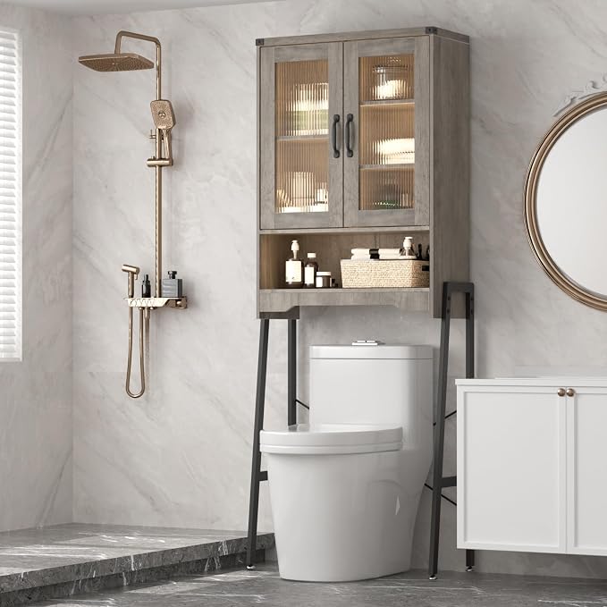 Over The Toilet Storage Cabinet with Tempered Glass Doors and Adjustable Shelf, Bathroom Organizer with Metal Stand Space Saver Over Toilet , Modern Toilet Rack for Bathroom, Restroom, Laundry, Grey