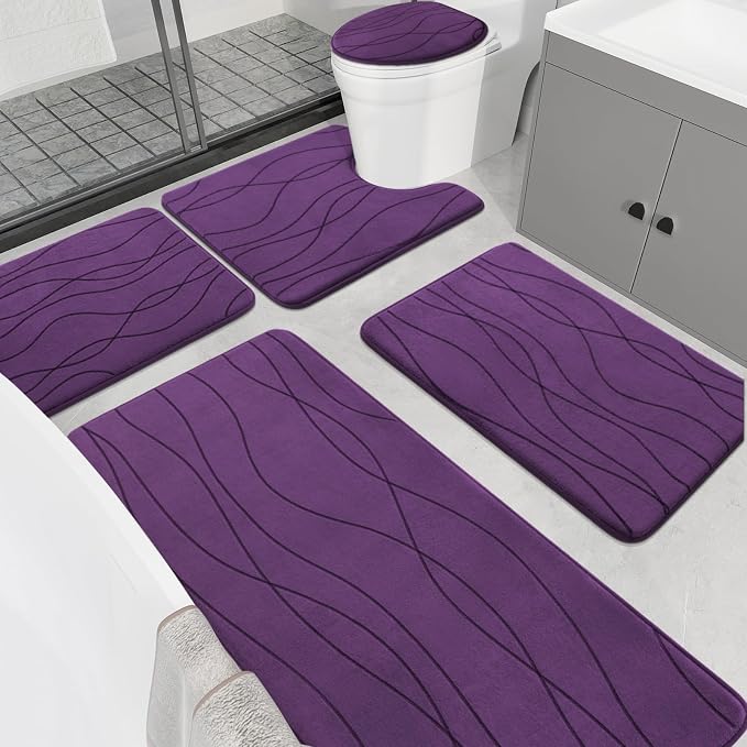 YIHOUSE Memory Foam Bathroom Rug Sets, Purple, 5 Piece | Ultra Soft, Absorbent, Non-Slip, Machine Washable