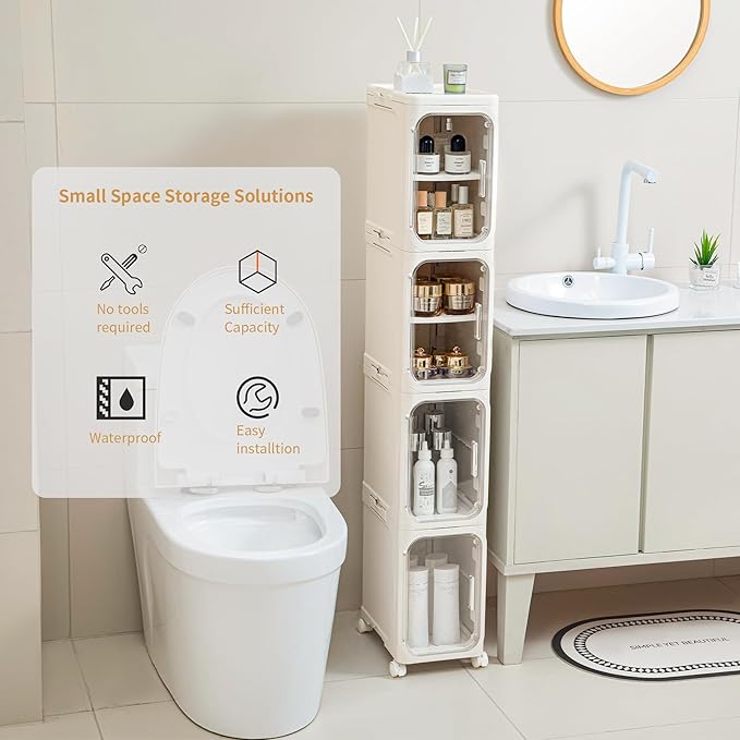 3-Tier Tall Narrow Storage Cabinet, Slim Bathroom Storage Cabinet with Adjustable Shelves and Wheels, Narrow Organizer for Small Space, Bathroom, Kitchen, Laundry, Cream White