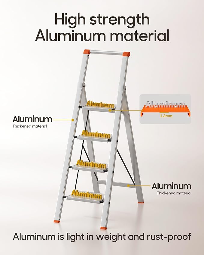 HillhutApex 4 Step Foldable Aluminum Step Ladder with Handgrip, Anti-Slip Pedal, 330 lbs Capacity, Lightweight & Portable for Home, Kitchen, Office, Garage (Orange)