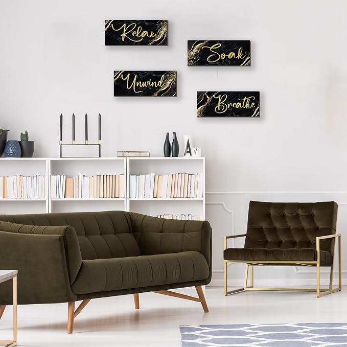 ONIZHITY 4 Pcs Black and Gold Bathroom Decor Black Gold Wall Decor Relax Soak Unwind Breathe Wooden Rustic Marble Style Bathroom Accessories for Bedroom Living Room Decor Kitchen(10X4)
