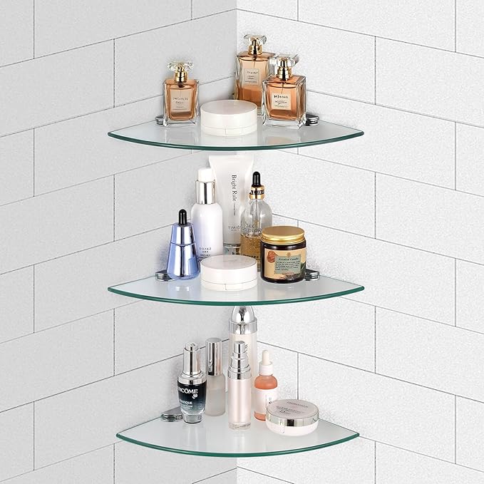 3 Pack Glass Corner Shower Shelves, Tempered Floating Glass Shelves Wall Mount, Shower Caddy Organizer, Bathroom Corner Shelf with Zinc Alloy Brackets for Bathroom, Kitchen, Living Room