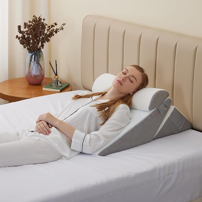 Bedluxe Wedge Pillow Headboard, 3PCS Orthopedic Bed Wedge Pillows Set for After Surgery, Adjustable Pillow Wedge for Acid Reflux&Back Pain Relief, Sleeping, Back Pillow for Bed Sitting Up, White/Grey