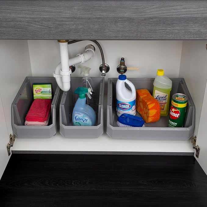 ReadySpace Plastic Containers for Organizing and Storage Bins for Closet, Kitchen, Office, Garage or Pantry Organization, Stackable Bins, Large (14.8" x 8" x 7"), 6-Pack, Grey