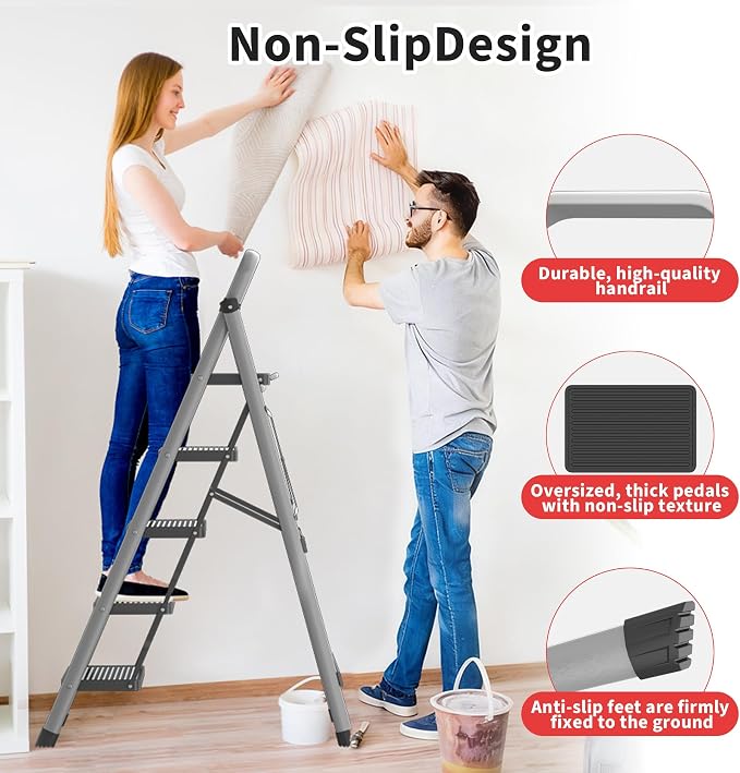 DIAMONDFORGE 5-Step Foldable Step Ladder Stool with Handle, Anti-Slip Wide Pedals & Feet, 800lbs Capacity, Sturdy Stepstool Folding for Adults in Home & Kitchen Use - Silver Gray