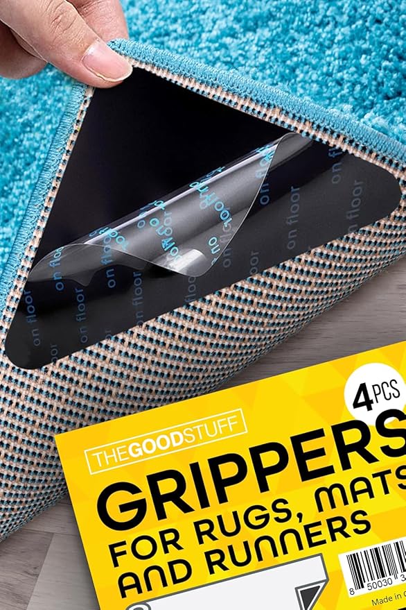 Four Rug Corner Grippers, Anti Slip Grips for Hardwood Floors, Laminate Flooring and Carpet - Hold Down Rugs and Runners to Protect Yourself and Family