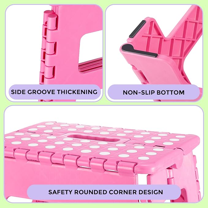 Dyforce Folding Step Stool 9 Inch, Kids Step Stool, Heavy Duty Step Stools for Adults, Compact Foot Stools, Light-Weight Toddler Step Stools for Kitchen, Bathroom, Holds Up to 300 lbs (Pink)