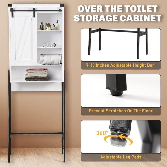 Over The Toilet Storage Cabinet, Behind Toilet Bathroom Organizer with Adjustable Shelves, Above Toilet Organizers with Barn Door, Space Saver for Restroom, Bathroom, Laundry, White